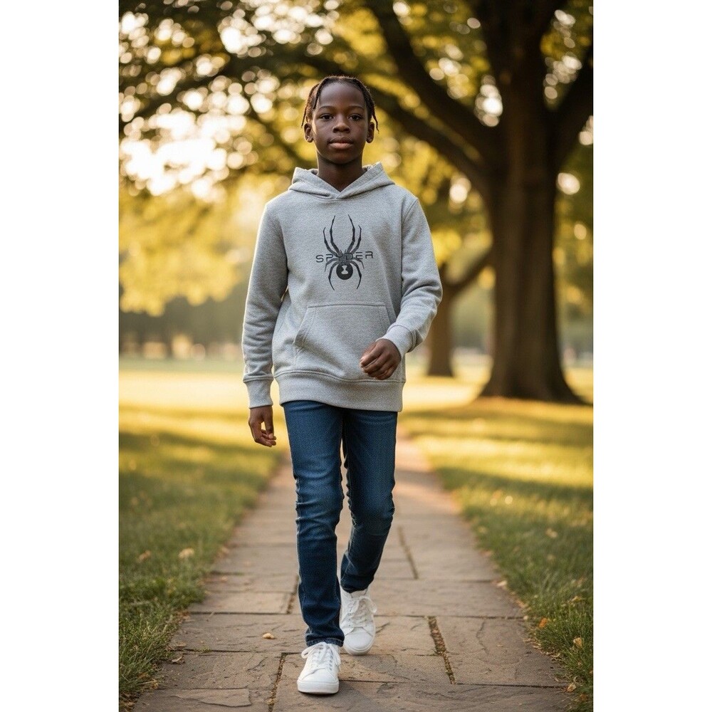 Spyder Hoodie Kids Size S/M Grey . Spider On Chest. Kangaroo Pocket. Pull Over